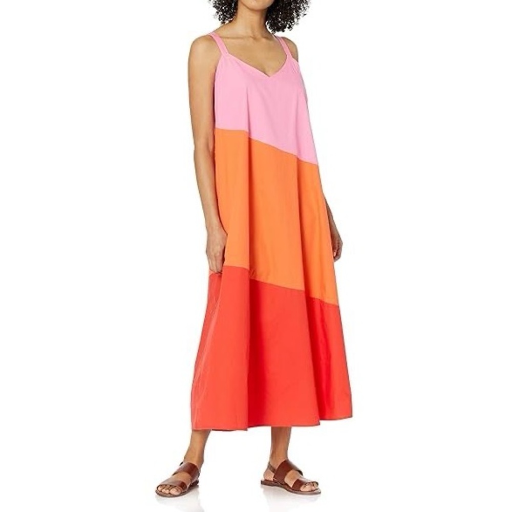 NWT Mud Pie Mackenzie Color Block Pink Orange Red Cotton Poplin Maxi Dress